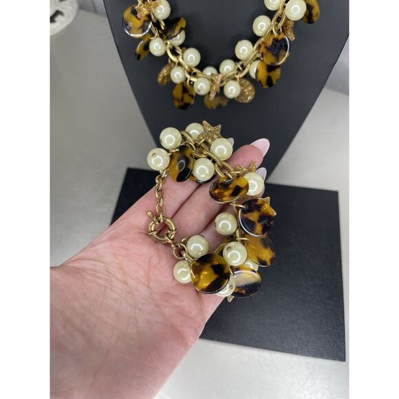 Y2K JCrew Set Pearl Tortoise Shell Stars Charm Necklace Bracelet Statement - Picture 3 of 6